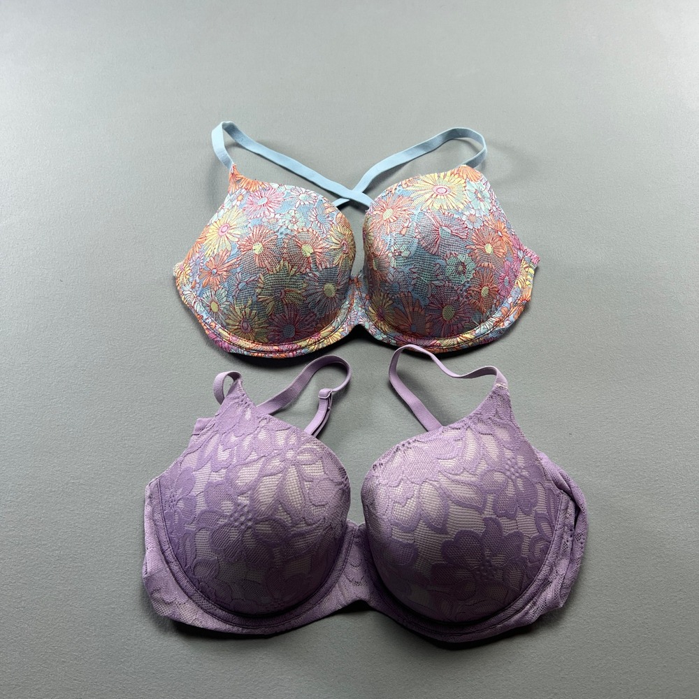Set Of 2 No Boundaries Push Up Bra Womens 34DD Multi Floral Lace Overlay Padded